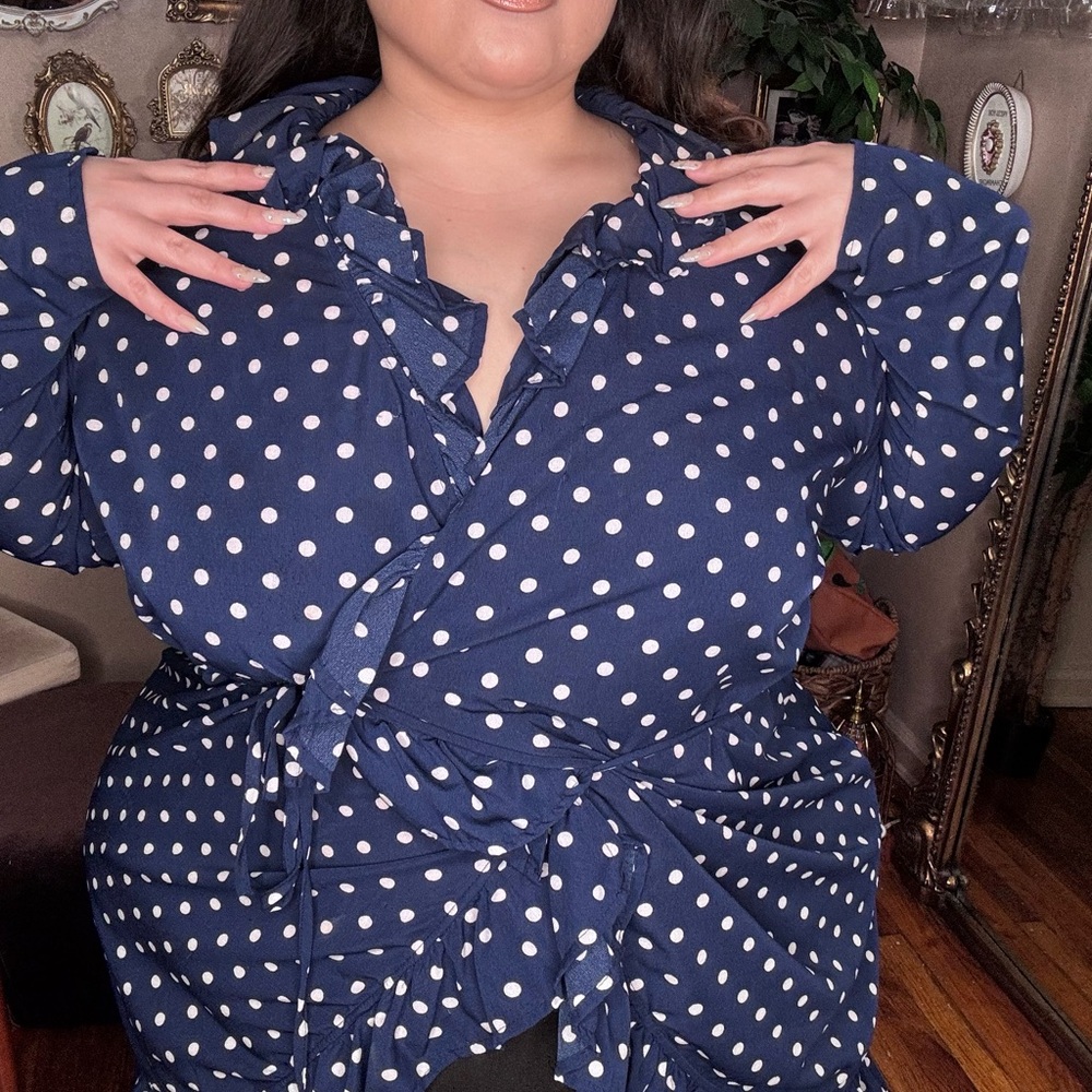 Chic Navy Polka Dot Wrap Blouse